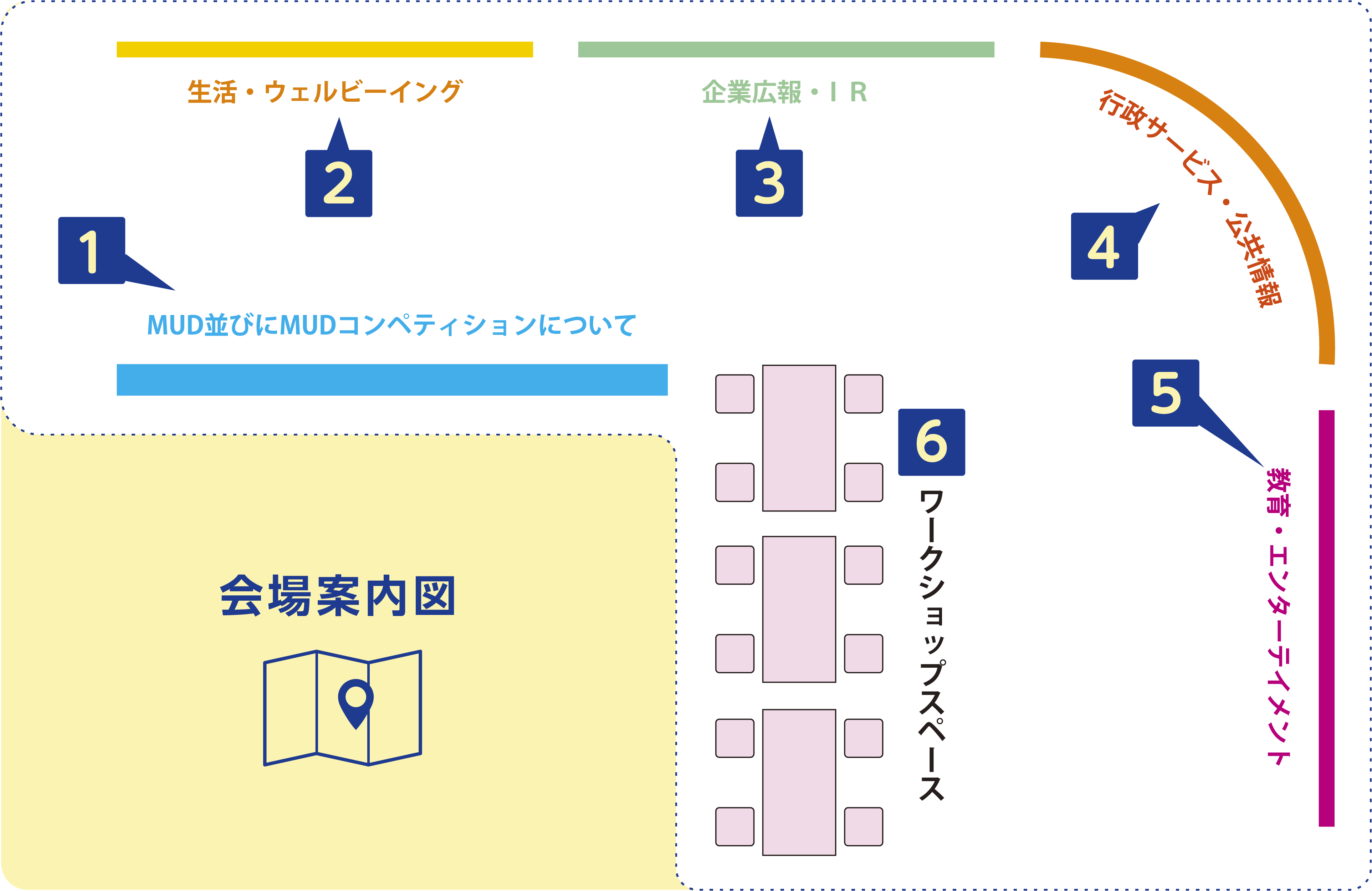 会場案内図：エリア1からエリア6までが配置されたフロアマップ