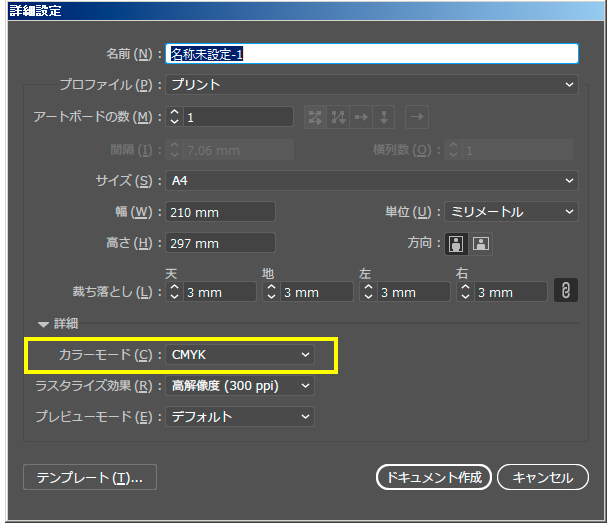 新規作成の際にカラーモードをCMYKにします。